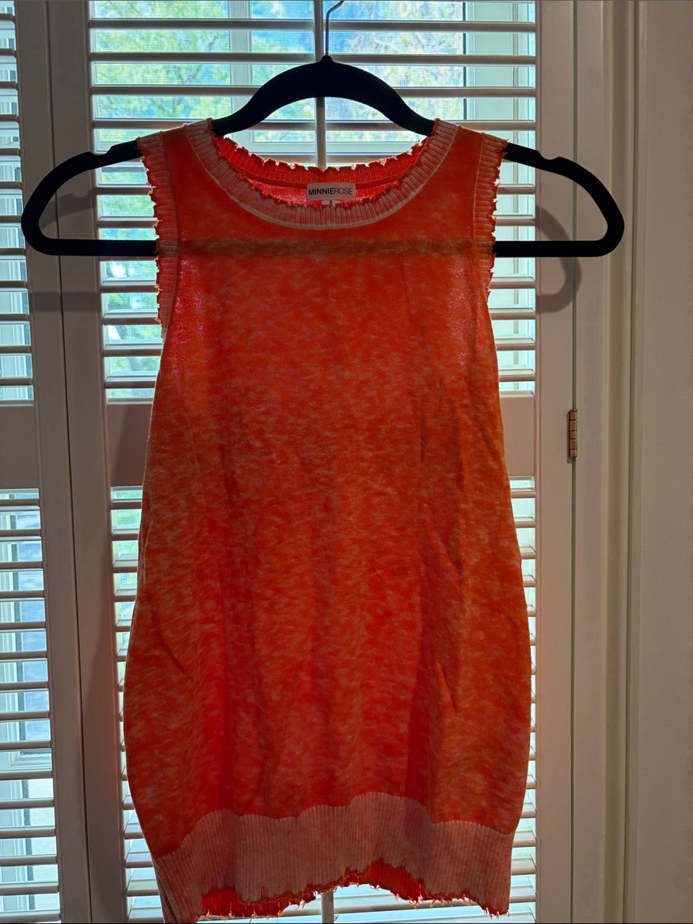 Minnie Rose Coral-Orange Frayed Sleeveless Knit Tank